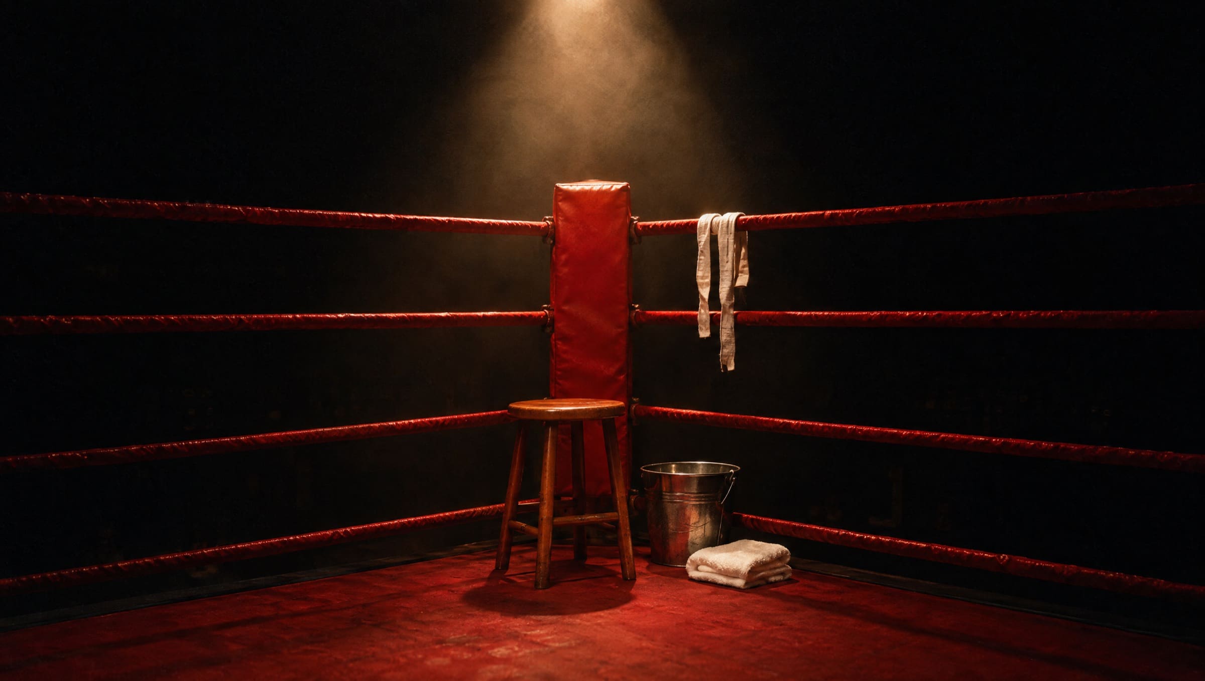 The empty red corner of a boxing ring under a single spotlight, a stool and bucket waiting