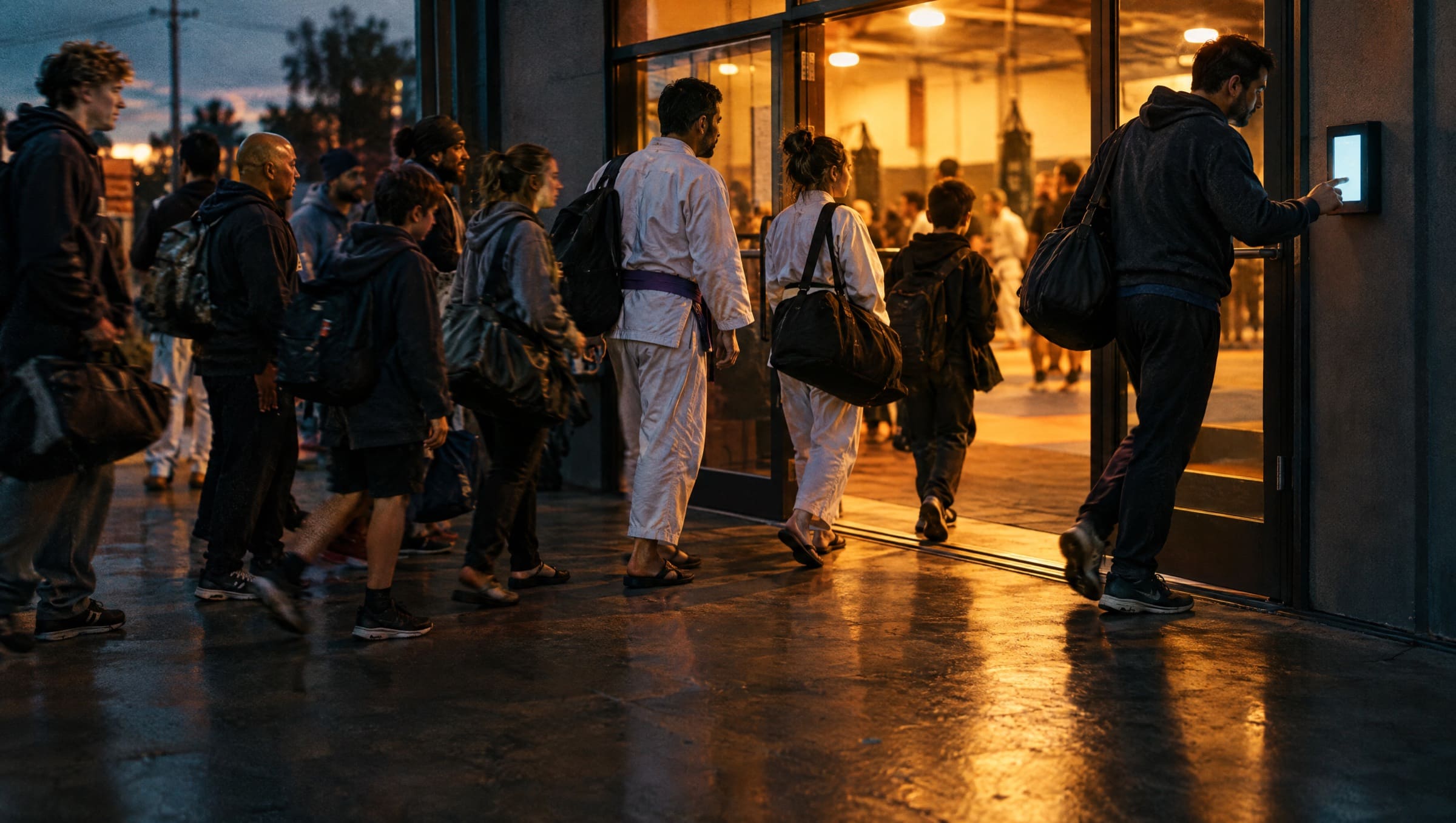 Students and fighters arrive for the evening class as one taps a check-in tablet by the door